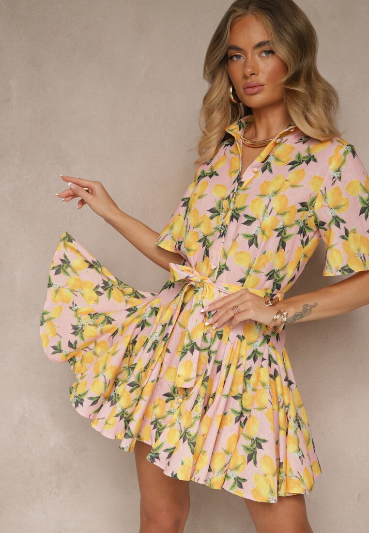 Rochie tip cămașă Roz Evazată cu cordon legat și mânecă scurtă Lavialane