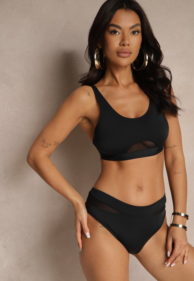 Bikini Negre Sutien și Chiloți Tip Slip Decorate cu plasă Natelina