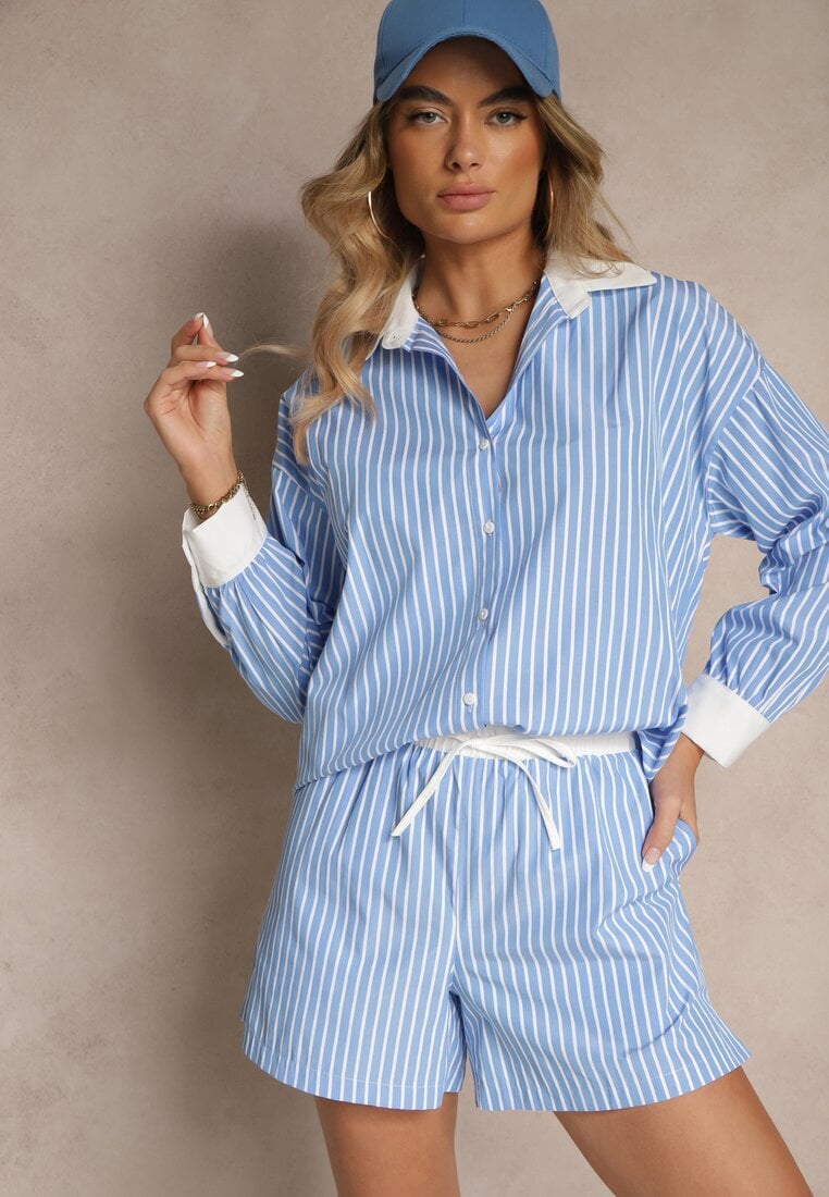 Pantaloni scurți albaștri Talie înaltă Decorați cu șnururi și curele Kinthea