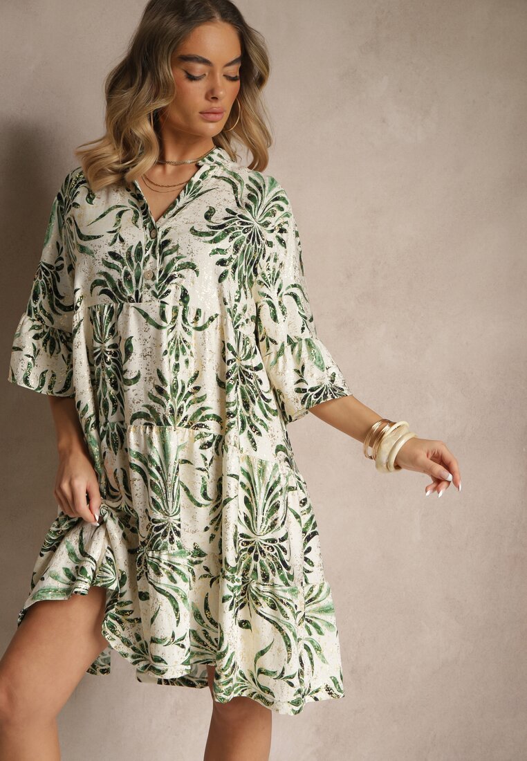 Rochie Verde-Bej cu In cu croială evazată decorată cu imprimeu metalic Filinwena