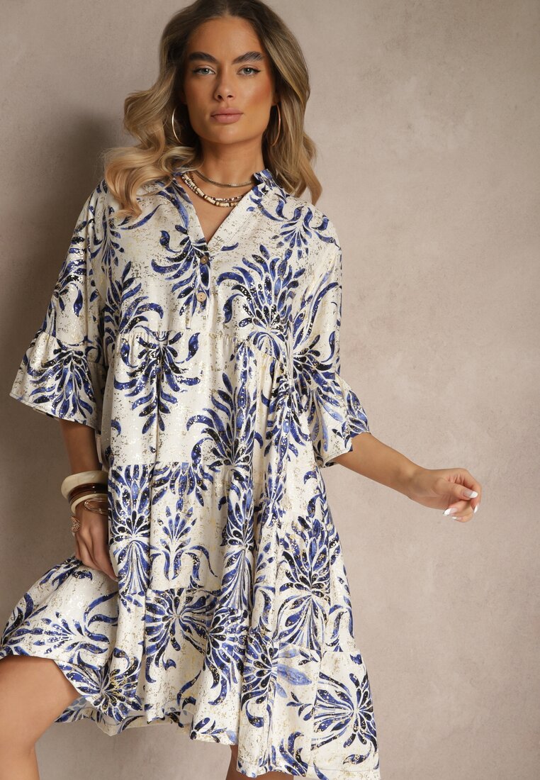 Rochie Albastru-Bej cu In cu Croială Evazată Decorată cu Imprimeu Metalic Filinwena
