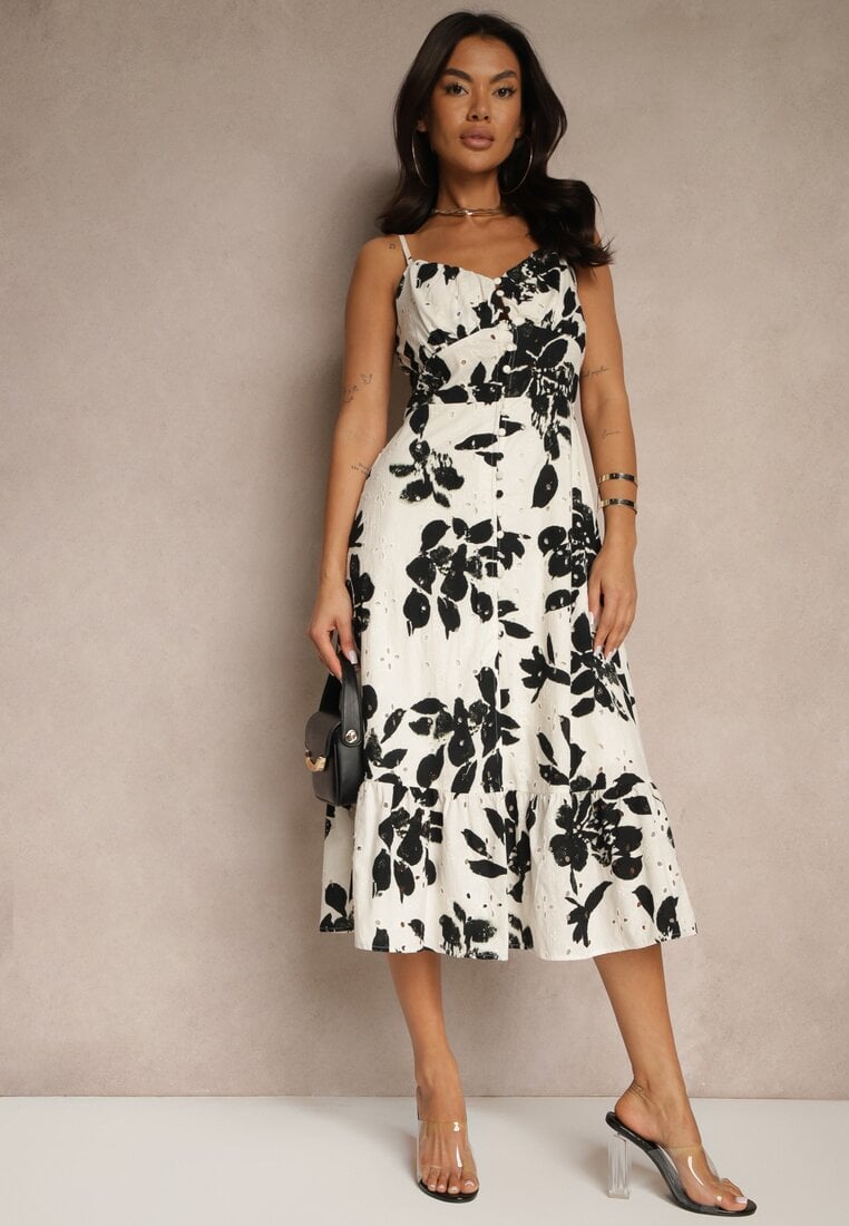 Rochie neagră cloș cu bretele din țesătură ajurată din bumbac Nitira