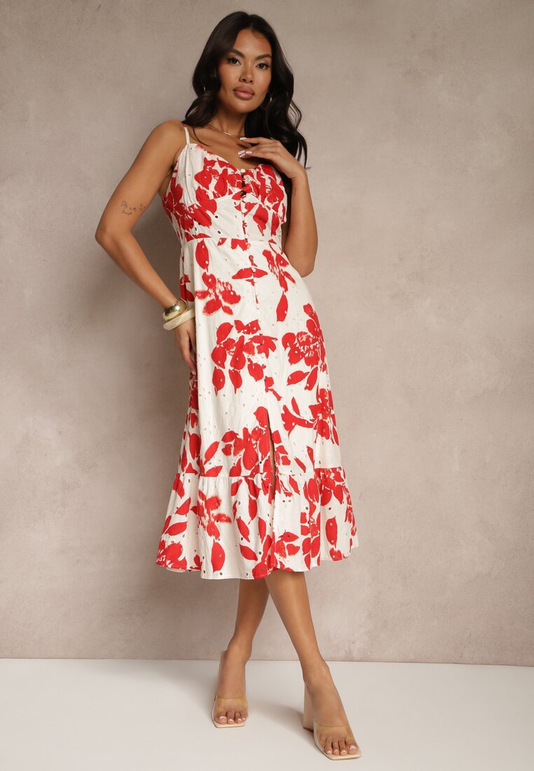 Rochie Roșie Cloș pe Bretele din Țesătură Ajurată din Bumbac Nitira