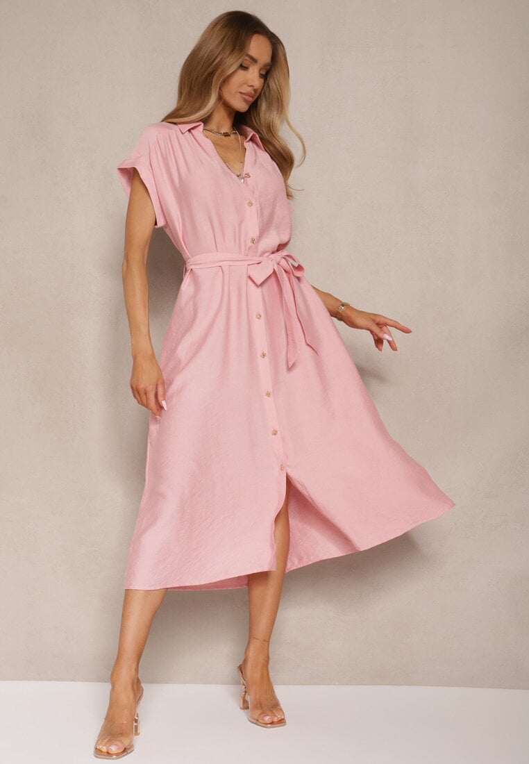 Rochie cămașă Roz din Viscoză cu curea Rinalitia