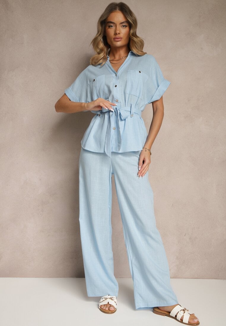 Compleu Albastru din Bumbac Pantaloni și Cămașă cu Curea Rinaretea