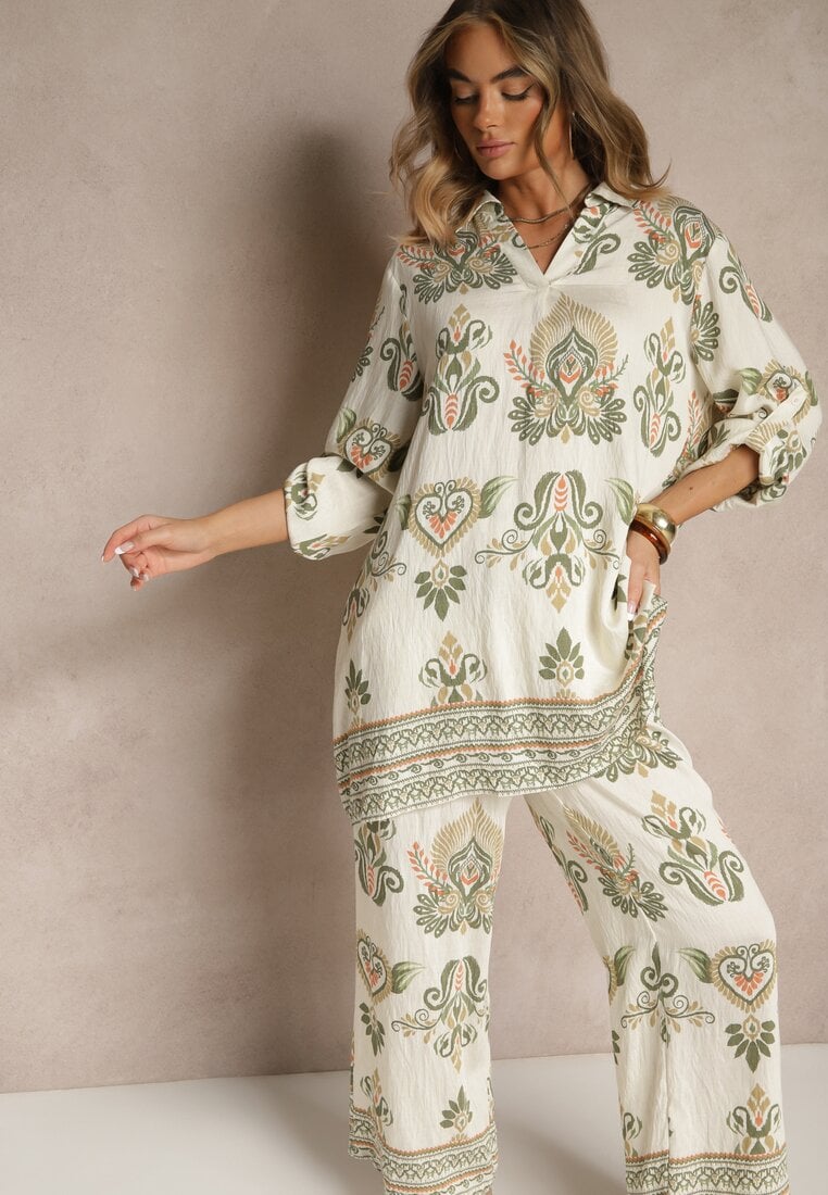 Compleu Verde din Vâscoză cu Pantaloni Largi și Bluză Stil Boho Rinadora