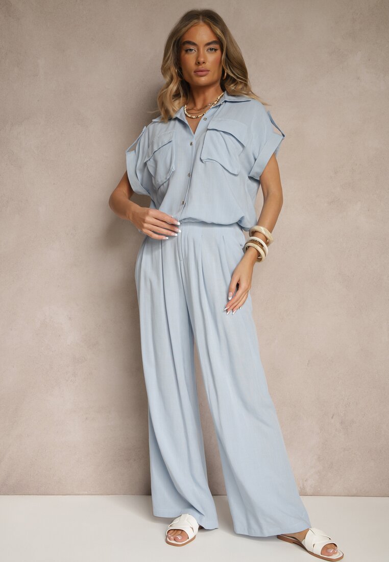 Set Albastru din Vascoză Pantaloni și Cămașă Ornat cu Buzunare Rinalienna