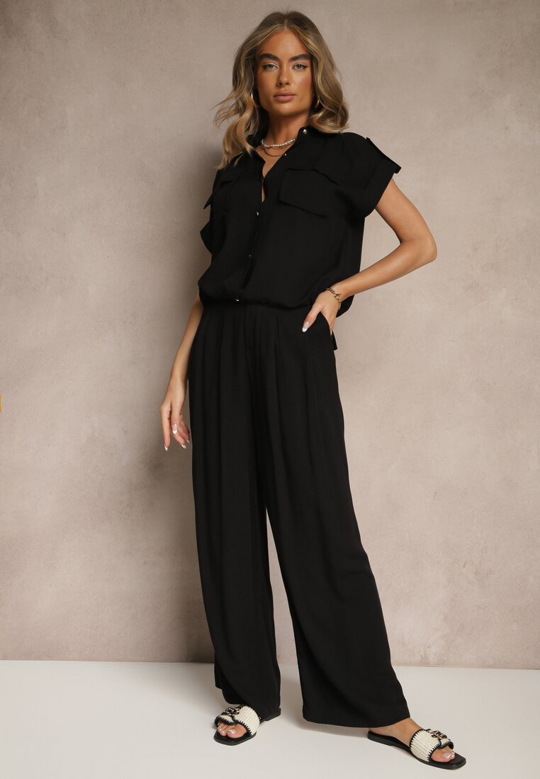 Set Negru din Viscoză Pantaloni și Cămașă Decorată cu Buzunare Rinalienna