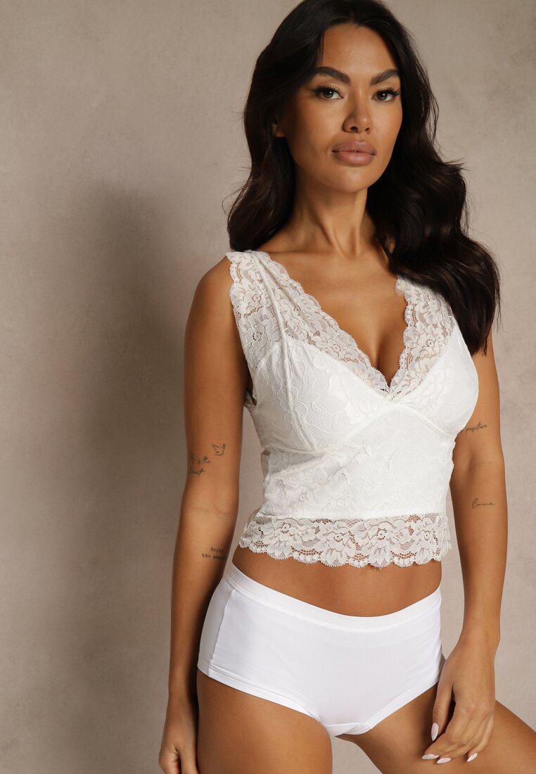 Top intim Alb din dantelă cu decolteu în V Nitorea