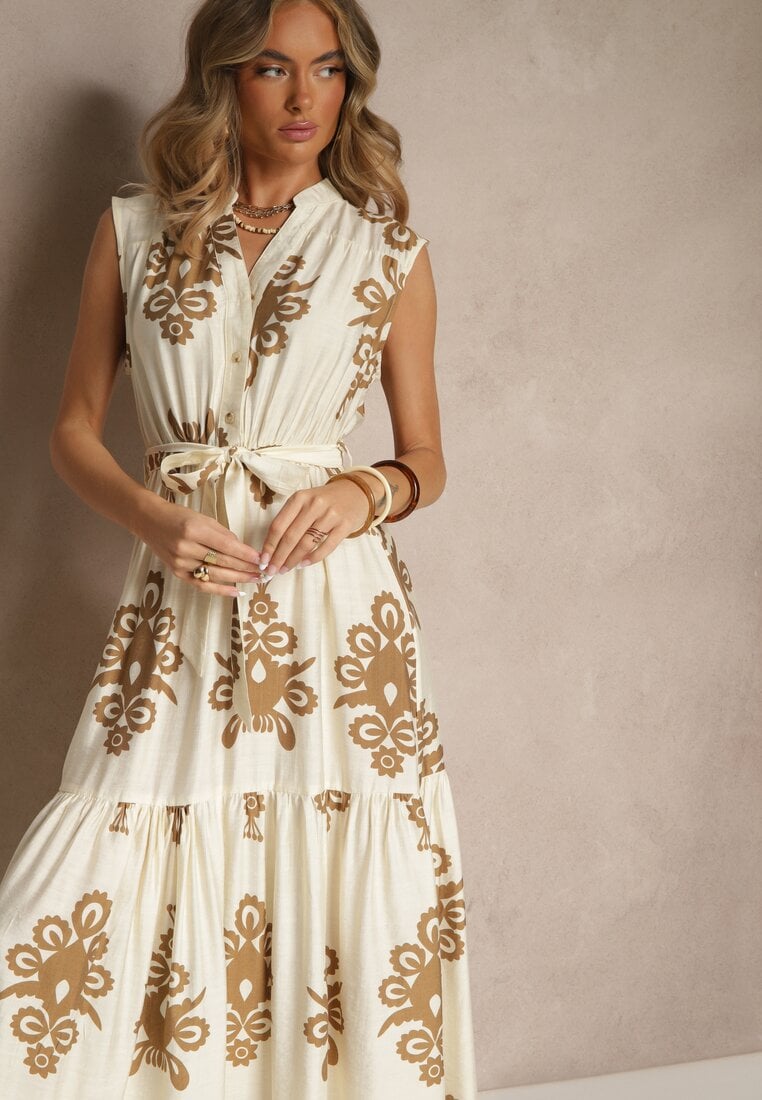 Rochie bej deschis din vâscoză cu croială evazată cu curea legată Mirasela