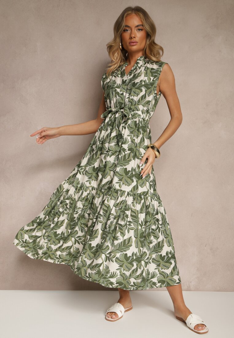 Rochie verde din viscoză, evazată, fără mâneci, cu legătură Revalisse