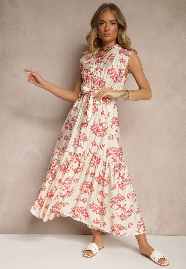 Rochie Bej-Roz din Viscoză cu curea și Model Abstract Rinalora