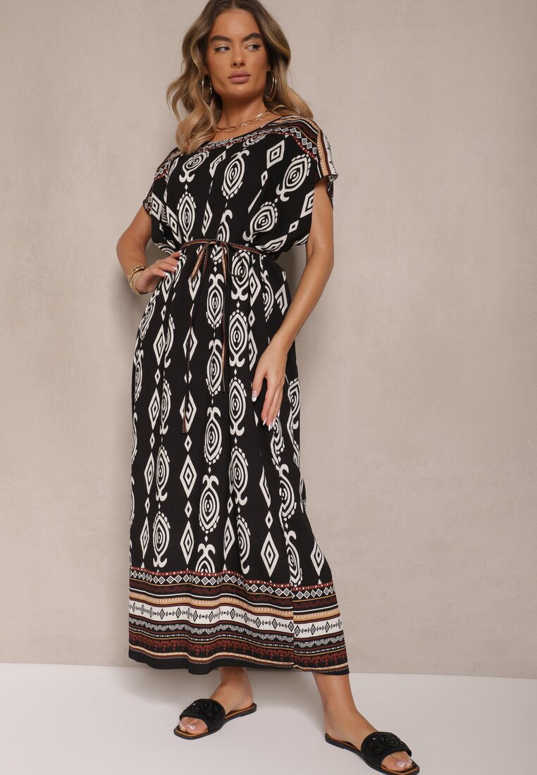 Rochie neagră din viscoză croi tip cutie cu imprimeu etnic Miriliana