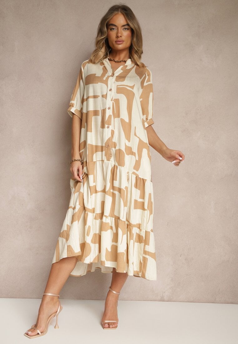 Rochie Bej din Vascoză Decorată cu Model Geometric Filorea