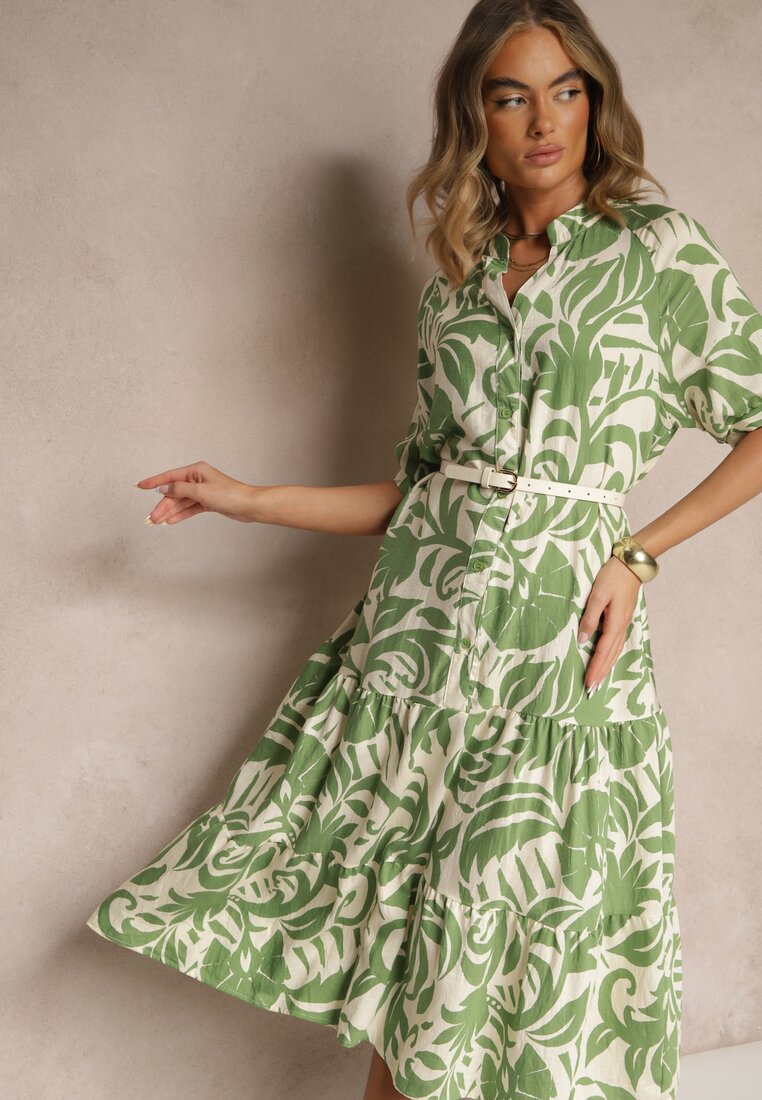 Rochie Evazată Verde din Viscoză cu Volan Filesenia