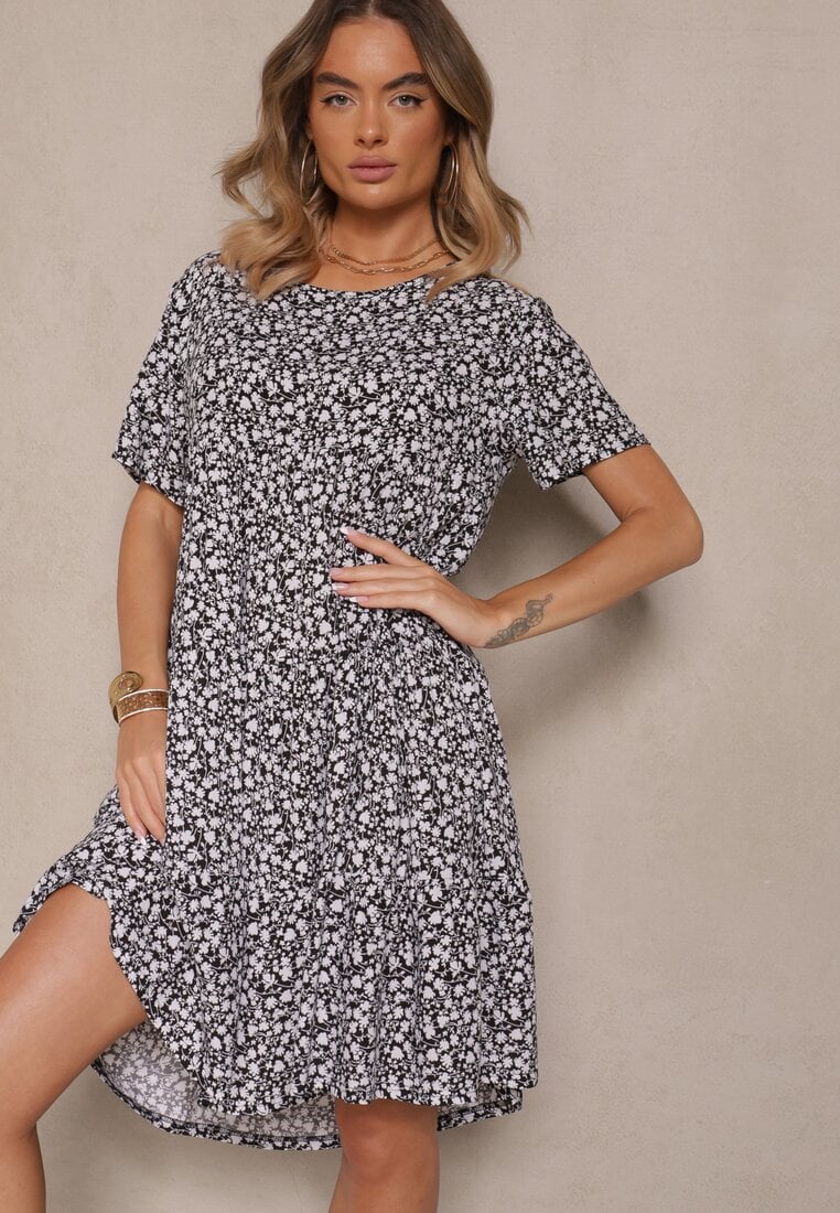 Rochie Neagră cu Bumbac cu Model Floral Lunasenia