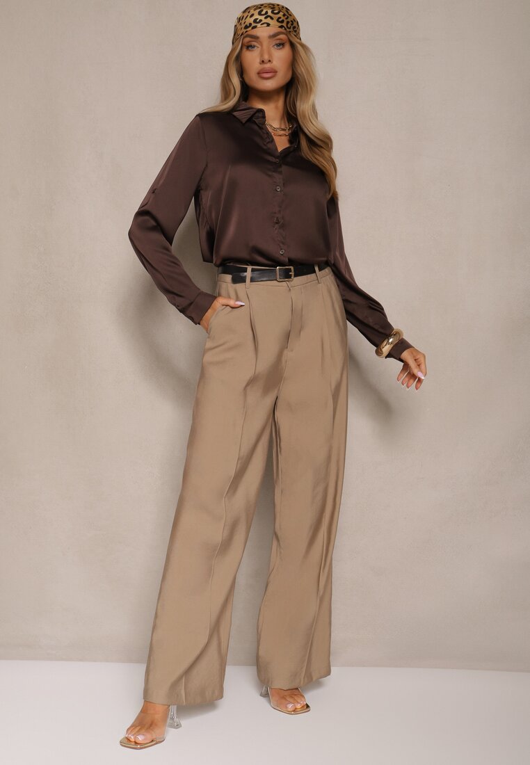 Pantaloni Bej De Costum Talie Înaltă Cu Croială Largă Efrase