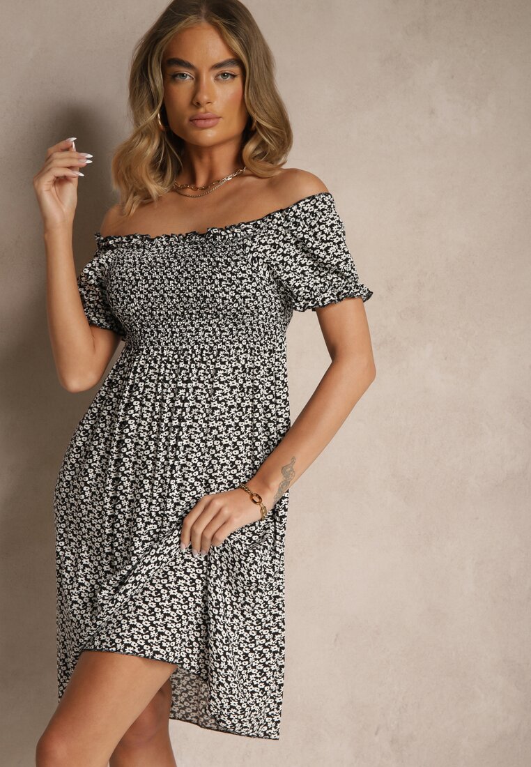 Rochie Neagră Spaniolă din Vâscoză cu Model Floral Mevandra