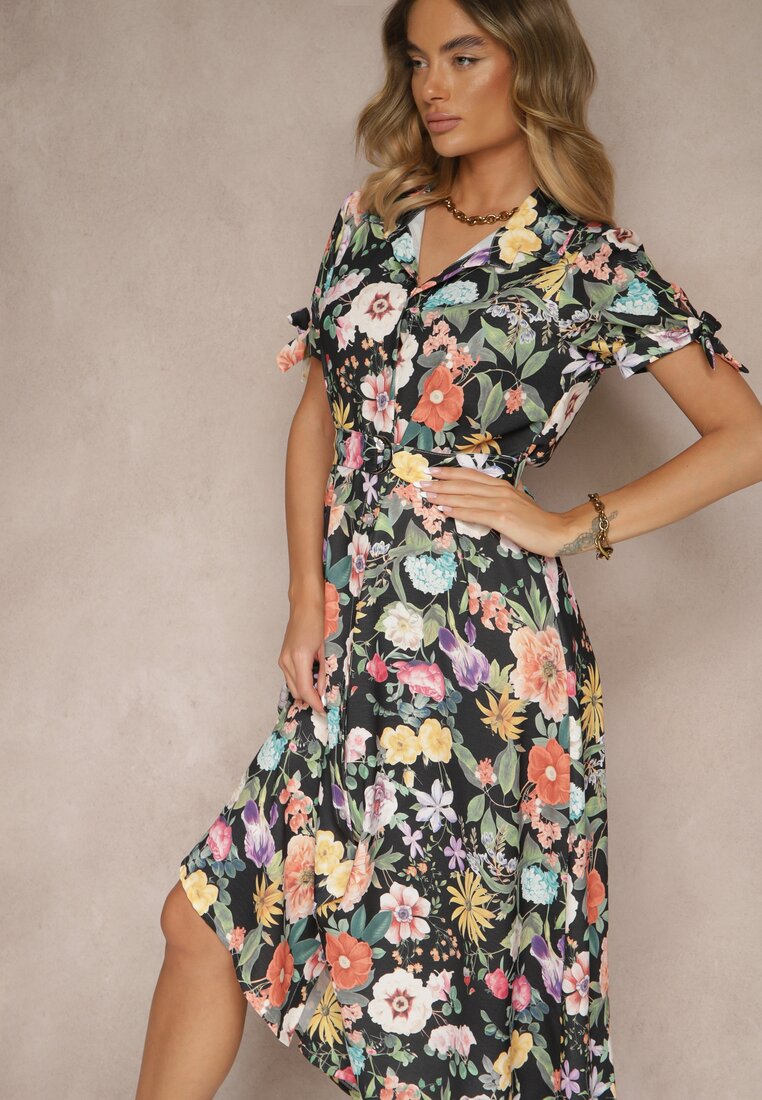 Rochie Cloș Neagră cu croi de cămașă cu curea cu imprimeu floral Fevelorine