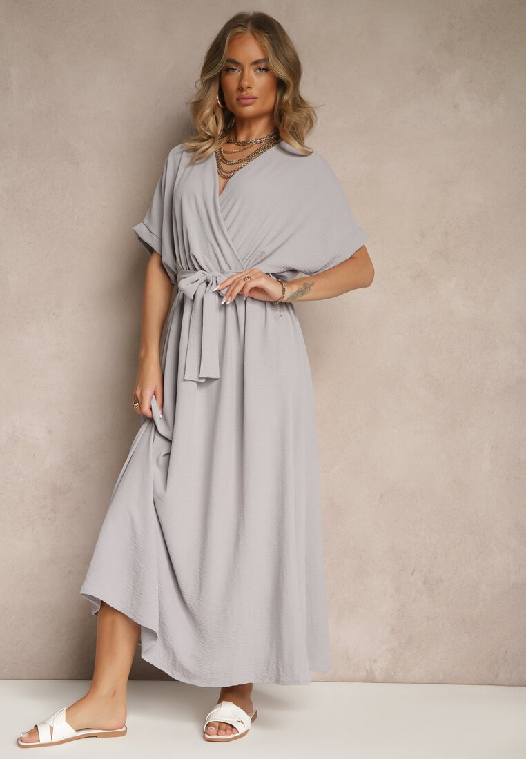 Rochie Gri din Bumbac și Centură Decorativă Lunistra