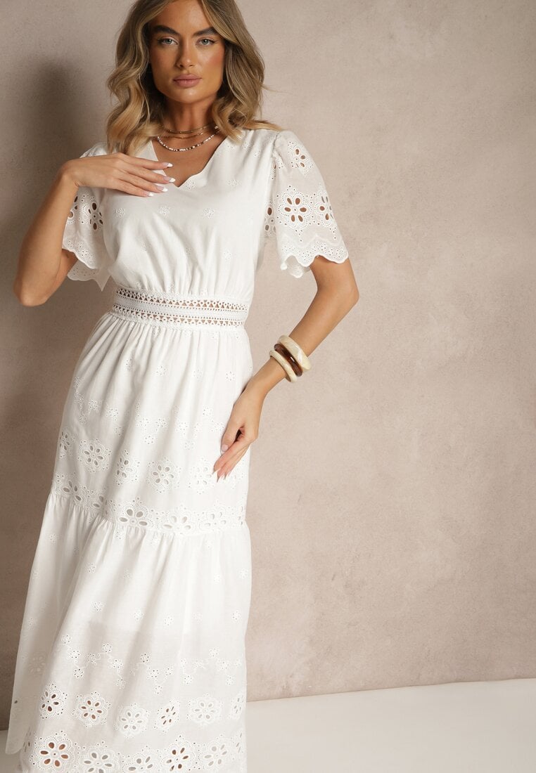 Rochie evazată albă din bumbac cu broderii în stil boho Efrivina