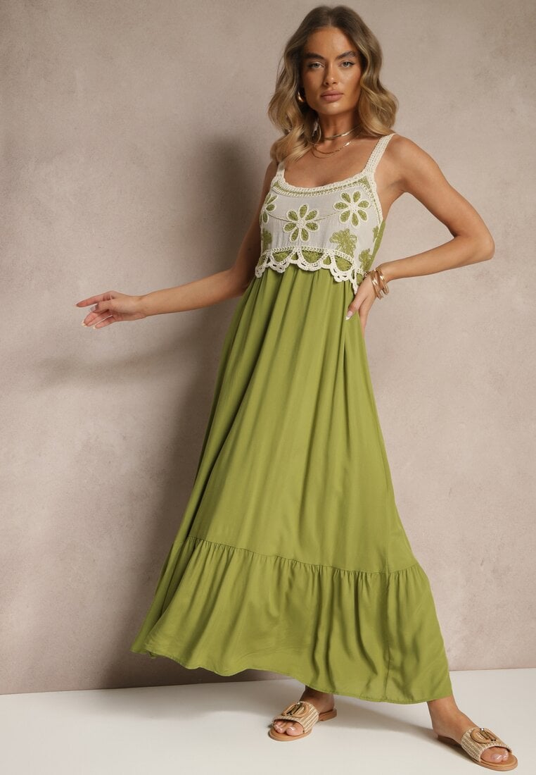 Rochie Verde din Viscoză Decorată cu Broderie Rinastra