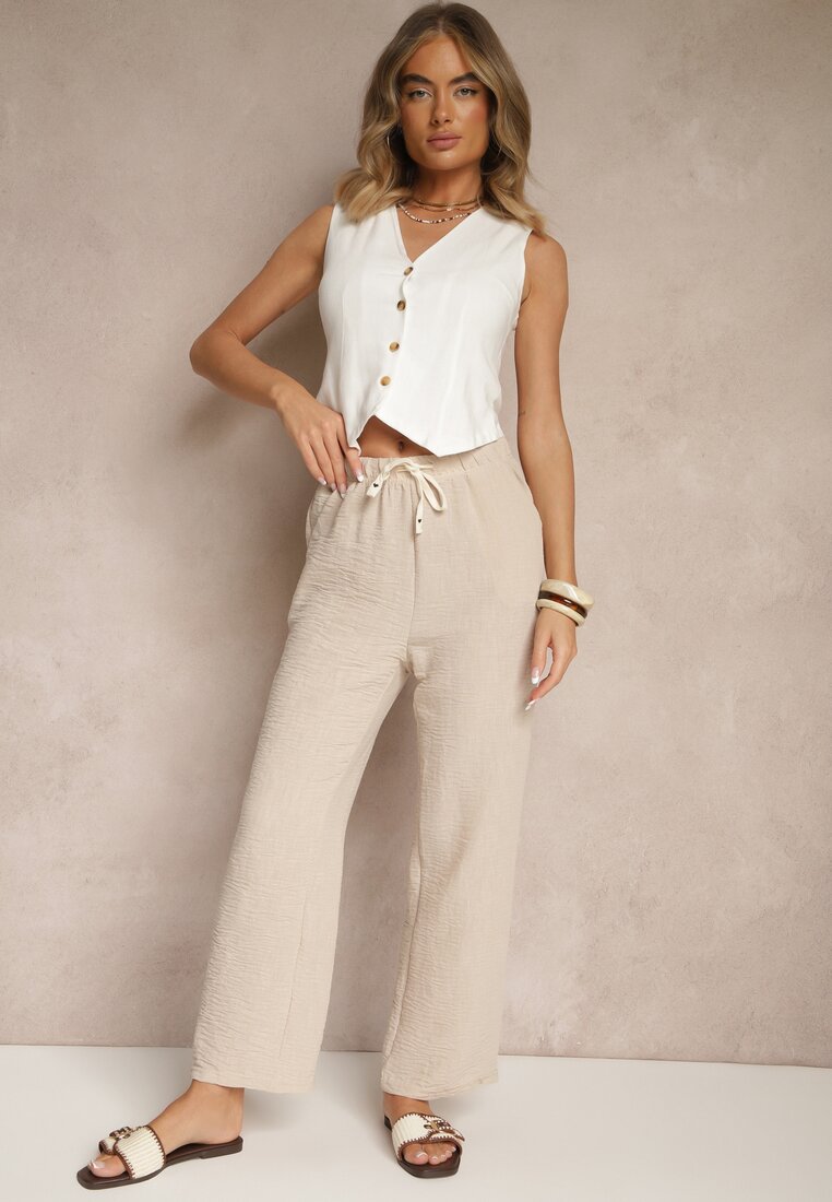 Pantaloni Bej Talie înaltă cu picior larg și elastic în talie Mirarena