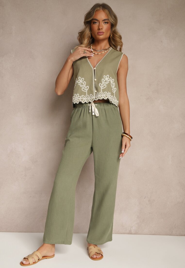 Pantaloni verde închis Talie înaltă cu croială largă și cu elastic în talie Mirarena