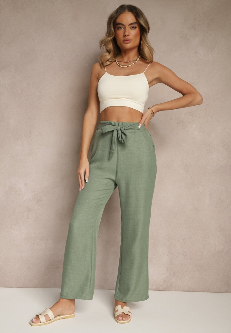 Pantaloni Verde închis cu croială largă și elastic în talie decorați cu șnur Mireniela