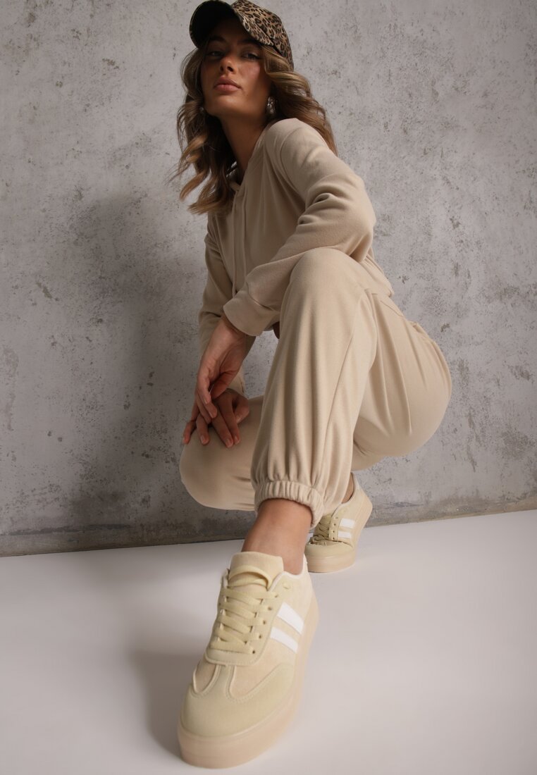 Set Trening Bej Pantaloni și Bluză cu Glugă și Buzunar Tip Cangur Lotilea