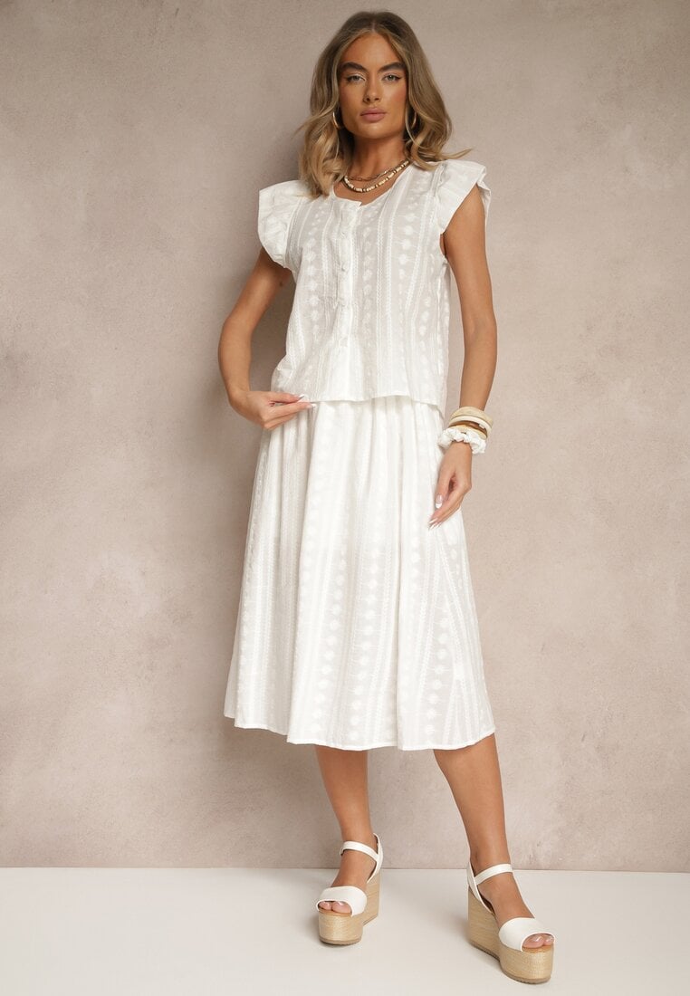 Set Alb De Bumbac Decorat Cu Broderie Cămașă Cu Mânecă Scurtă Și Fustă Efrurina