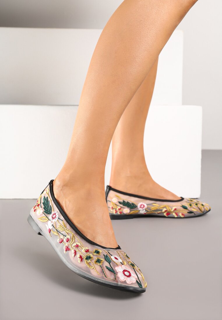 Balerine Negre Brodate din plasă cu motiv floral Feviane