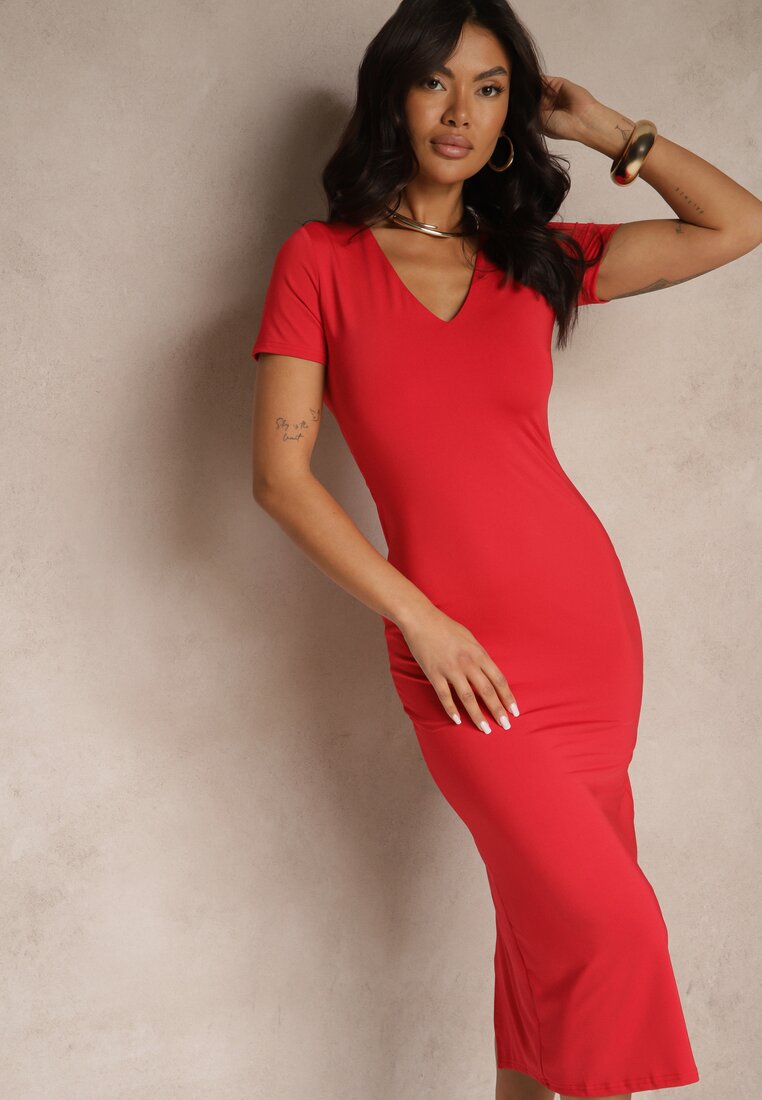 Rochie Roșie Bodycon cu croială mulată cu decolteu în V Efrerina