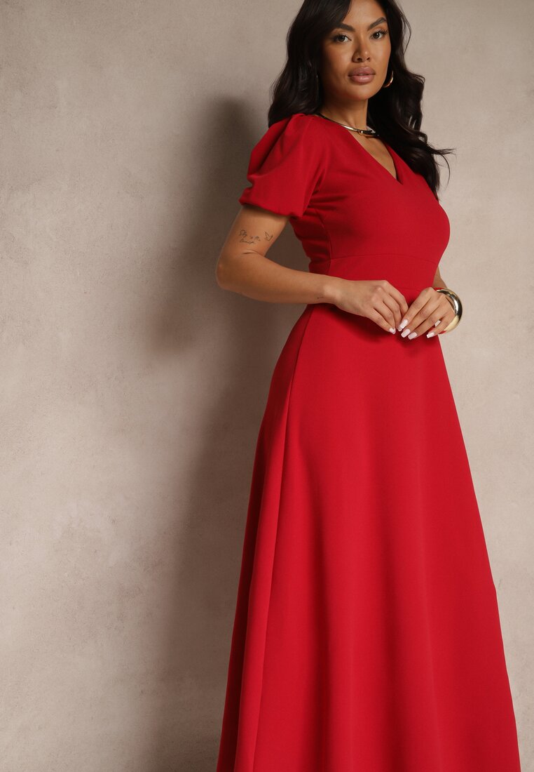 Rochie Roșie Cloș cu Mâneci Ușor Bufante și Decolteu în V Efrusae