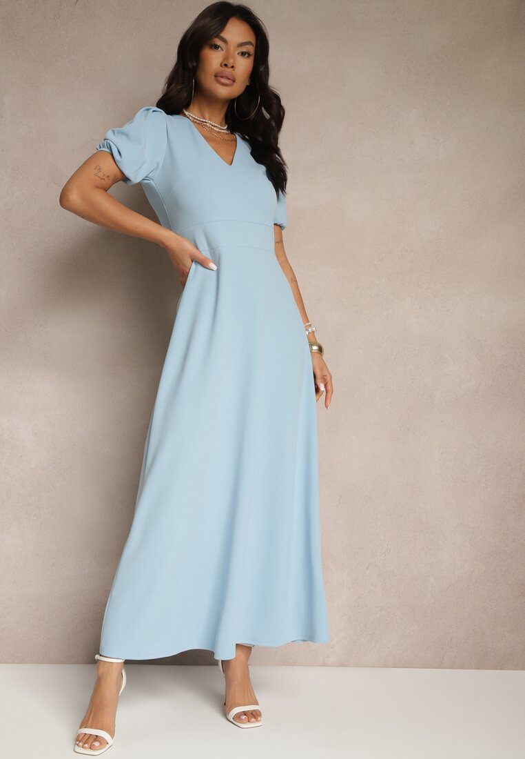 Rochie evazată albastră cu mâneci ușor bufante și decolteu în V Efrusae