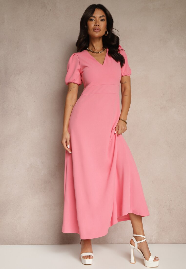 Rochie Cloș Roz cu Mâneci Ușor Bufante și Decolteu în V Efrusae