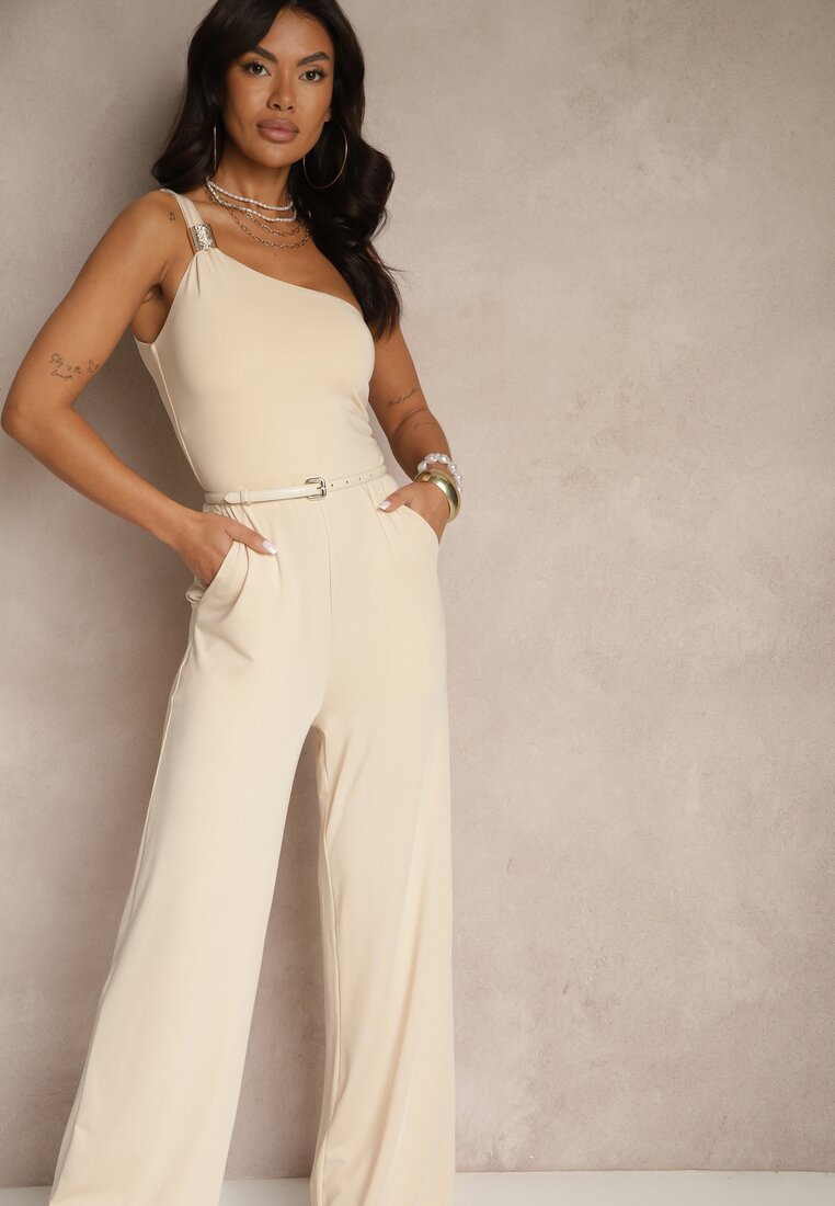 Salopetă Bej Deschis Asimetrică pe un Umăr cu Pantaloni Lungi și Buzunare Efridelle