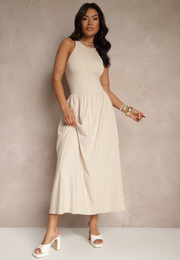 Rochie Cloș Bej deschis din Bumbac cu Buzunare Lirevane