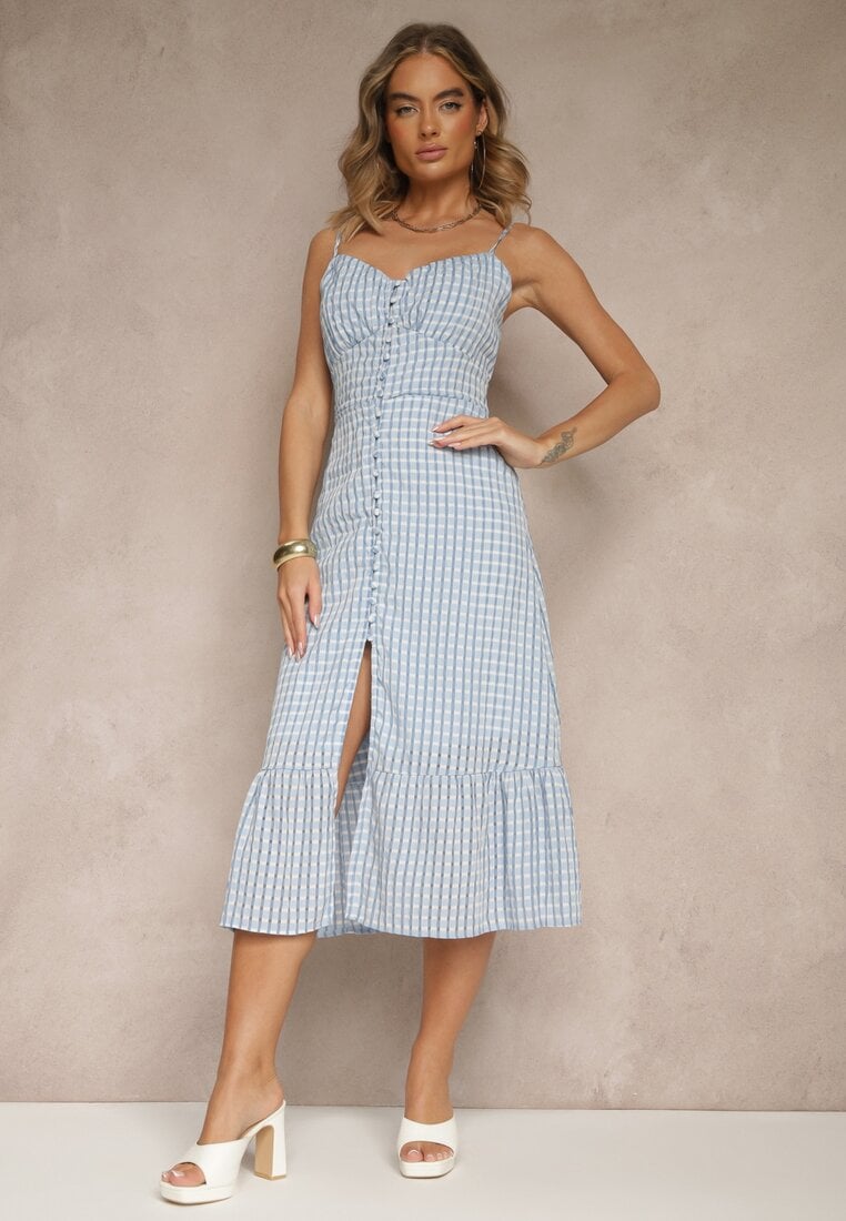 Rochie Cloș Albastră cu Viscoză pe bretele subțiri cu nasturi Efrisela