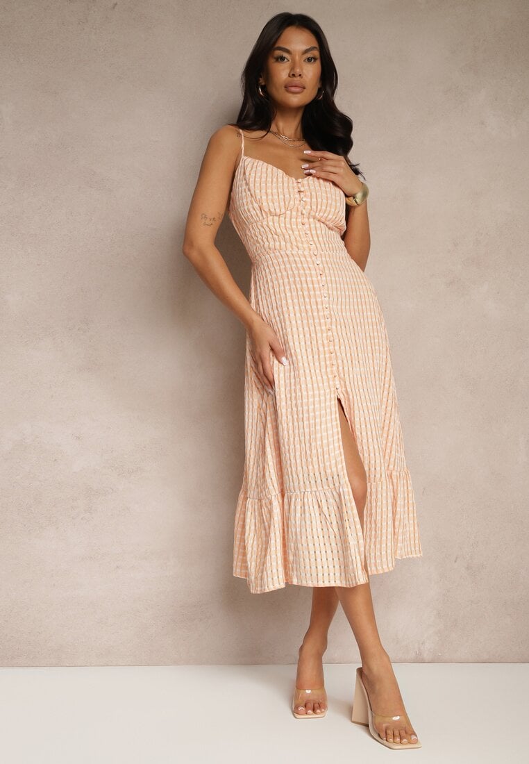 Rochie Portocalie Evazată cu viscoză cu bretele subțiri cu nasturi Efrisela