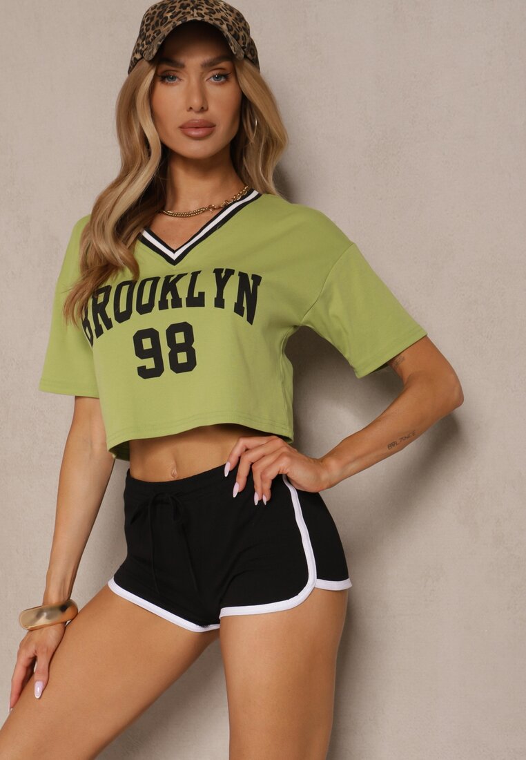 Tricou Verde din Bumbac Decorat cu Inscripție Lireline