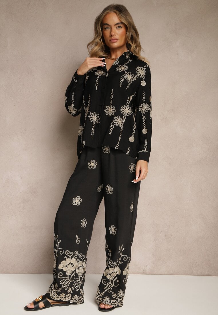 Komplet negru din Bumbac, Cămașă și Pantaloni cu Broderie și Cusături Metalice Banorea