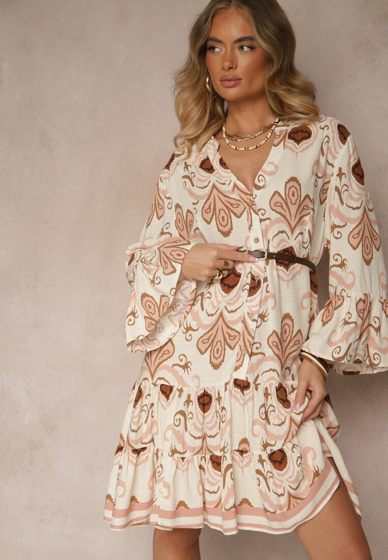 Rochie Bej deschis din viscoză cu croială evazată și model ornamental Paisley