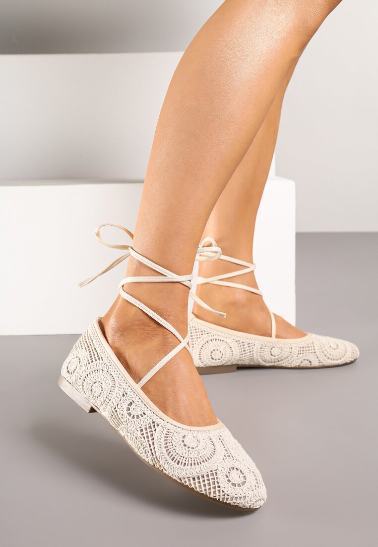 Balerini Bej Decorate cu șireturi și broderie Talanna