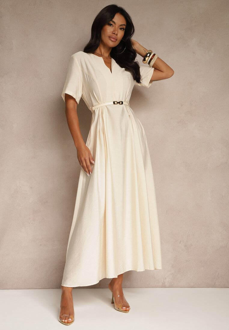 Rochie Cloș Bej din In și Viscoză cu Cordon cu Cataramă Linoretia