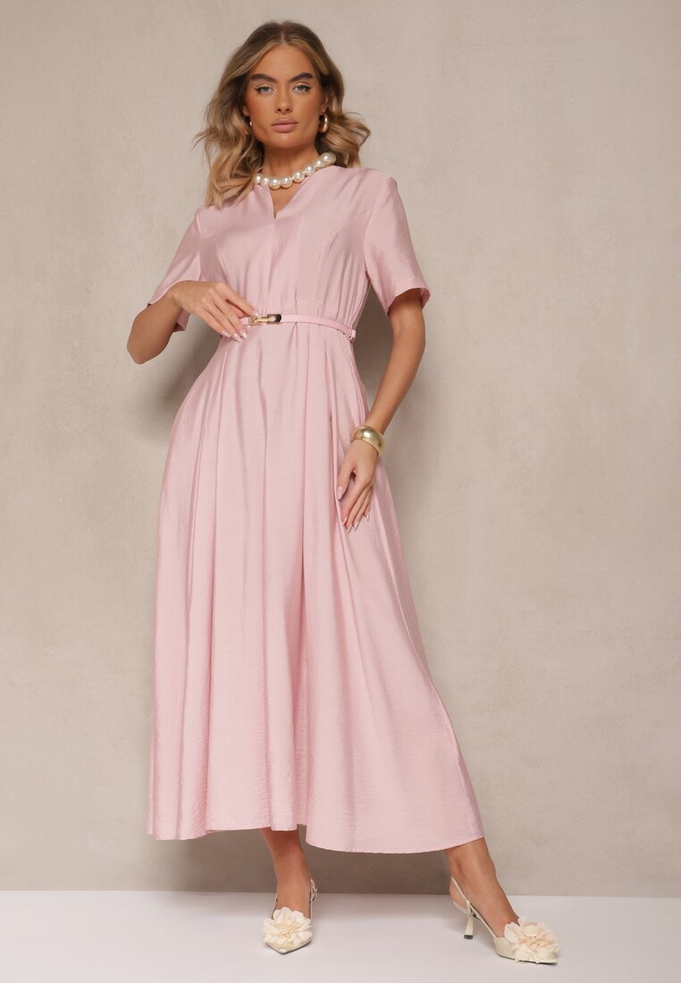 Rochie Evazată Roz din in și viscoză cu curea cu cataramă Linoretia