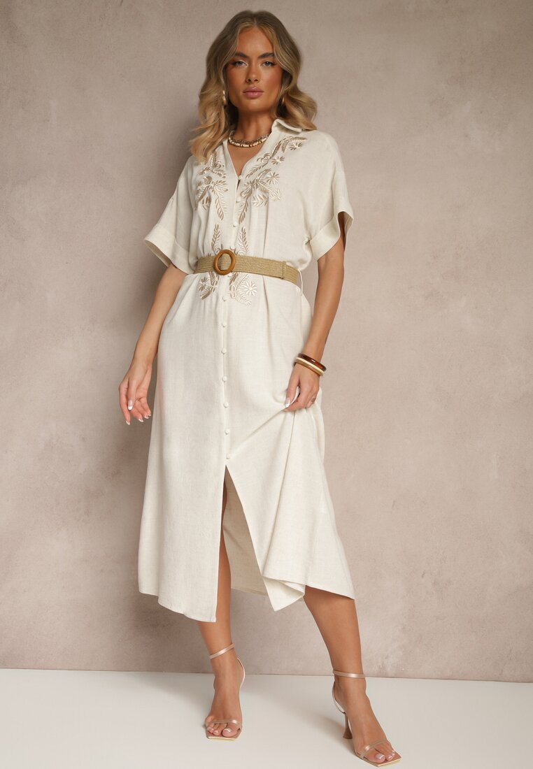 Rochie cămașă Bej din In și Viscoză cu Broderie și Curea Împletită Atelessa