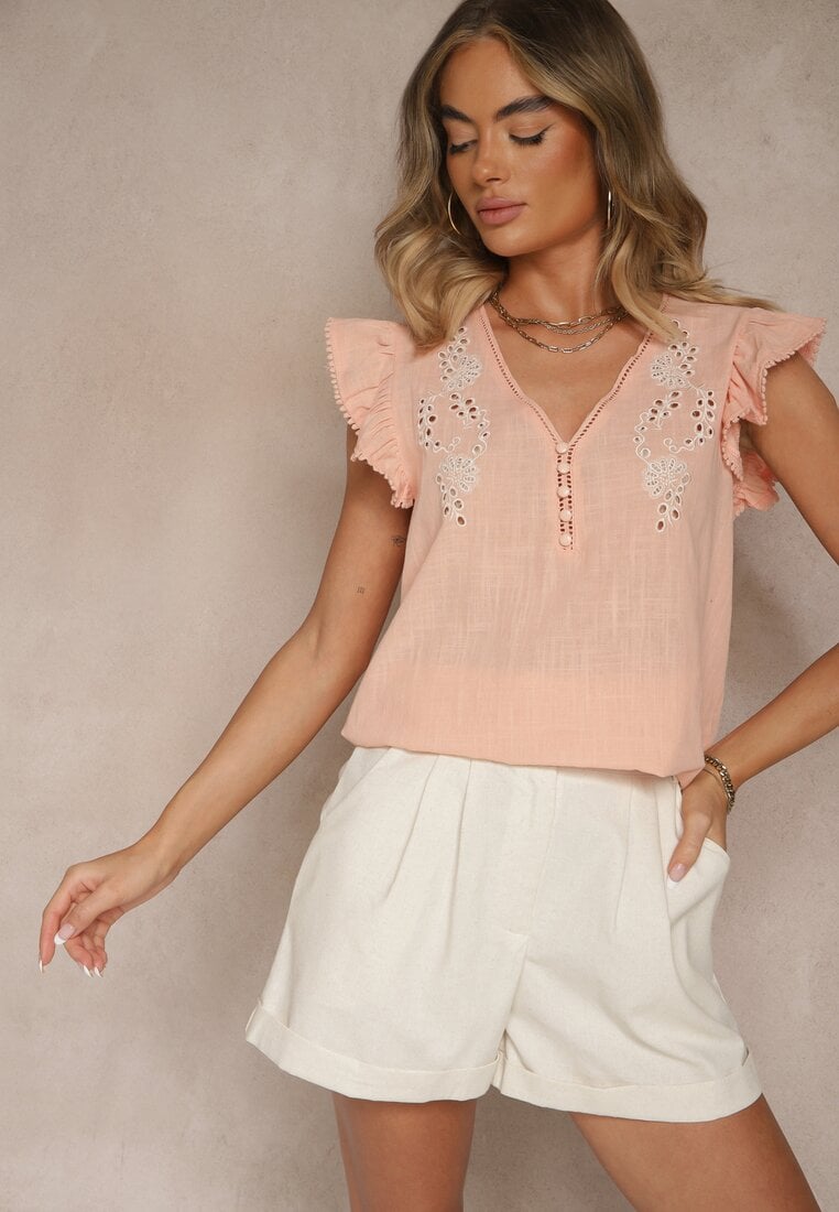 Bluză Roză din Bumbac cu Broderii și Volan Talanea