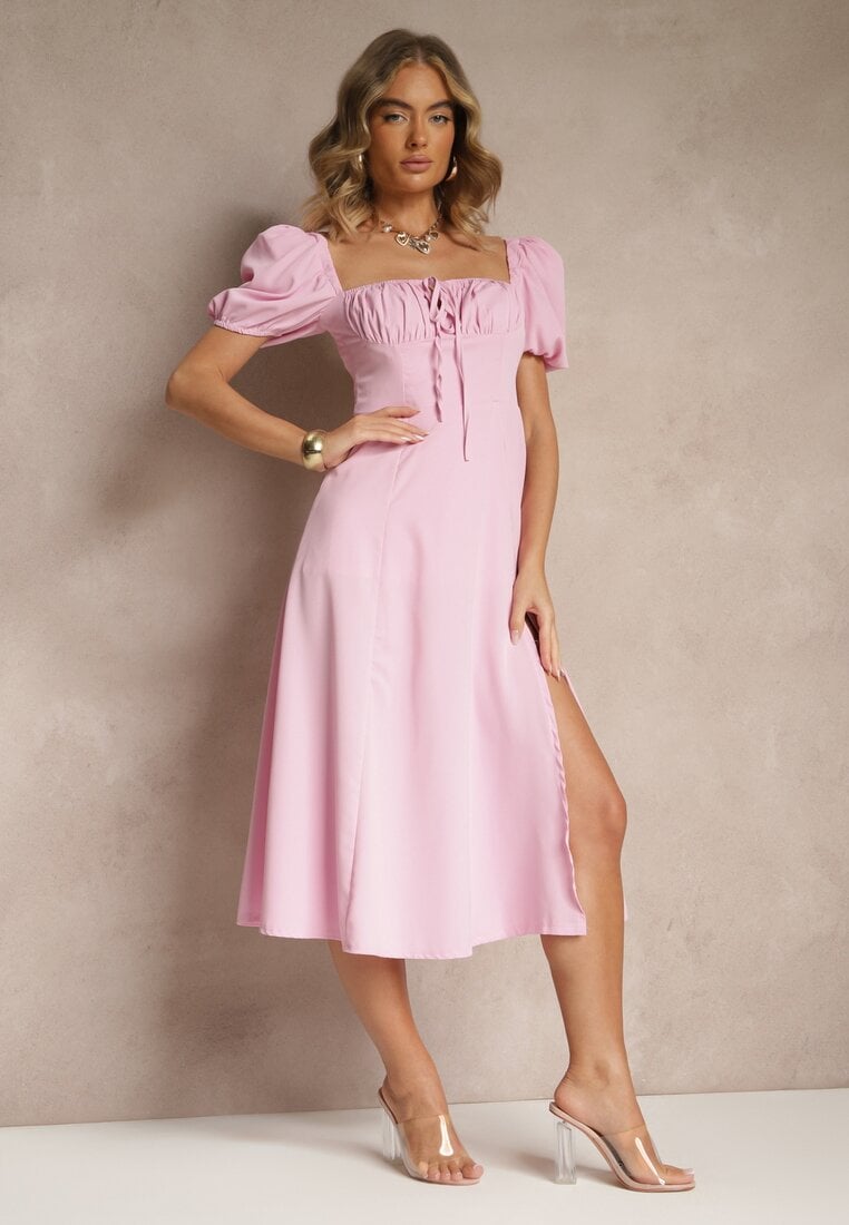 Rochie Roz Rustic cu croi evazat cu legătură și șliț Idanvera