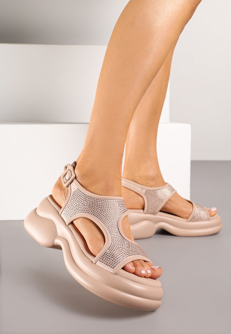 Sandale bej Chunky pe platformă de spumă cu fața cu zirconii Idamirela